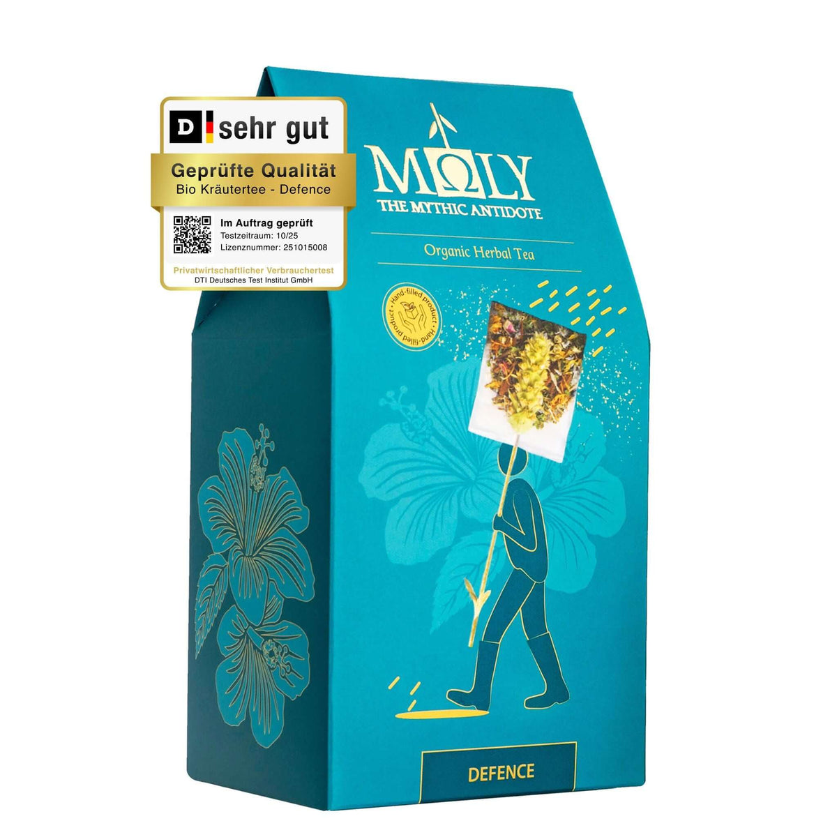 Eine türkisblaue Verpackung des MΟLY Defence BIO mit goldener Schrift sowie aufgedruckten Pflanzen. 