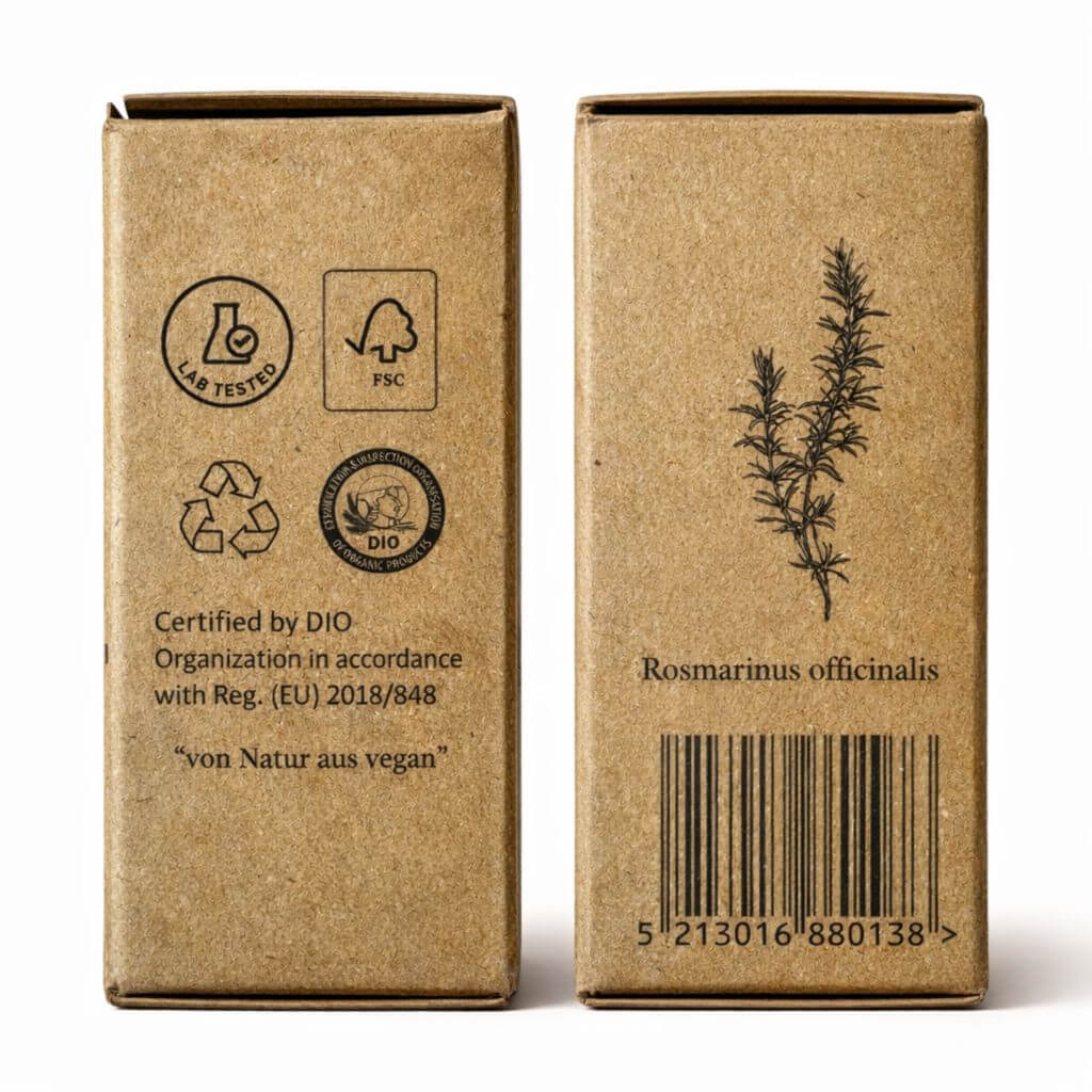 Seitenansichten der Kraftverpackung des ätherischen Rosmarinöls von Anthos Botanicals.