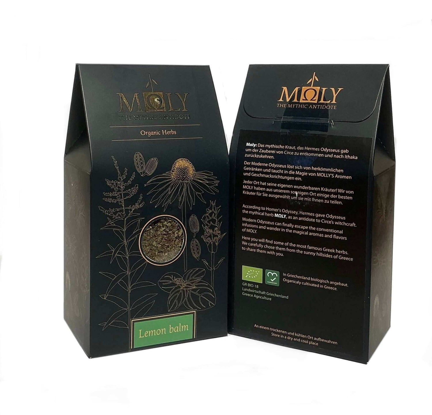 Zwei schwarze Verpackungen mit goldener  Schrift sowie aufgedruckten Pflanzen. Ein Sichtfenster ist vorhanden und man erkennt Zitronenmelisse-Kräuter. 