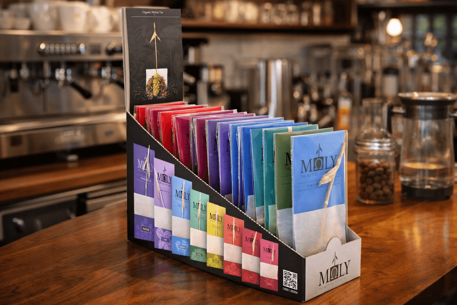Die Display Box von Moly auf einem Tresen in einem Cafe