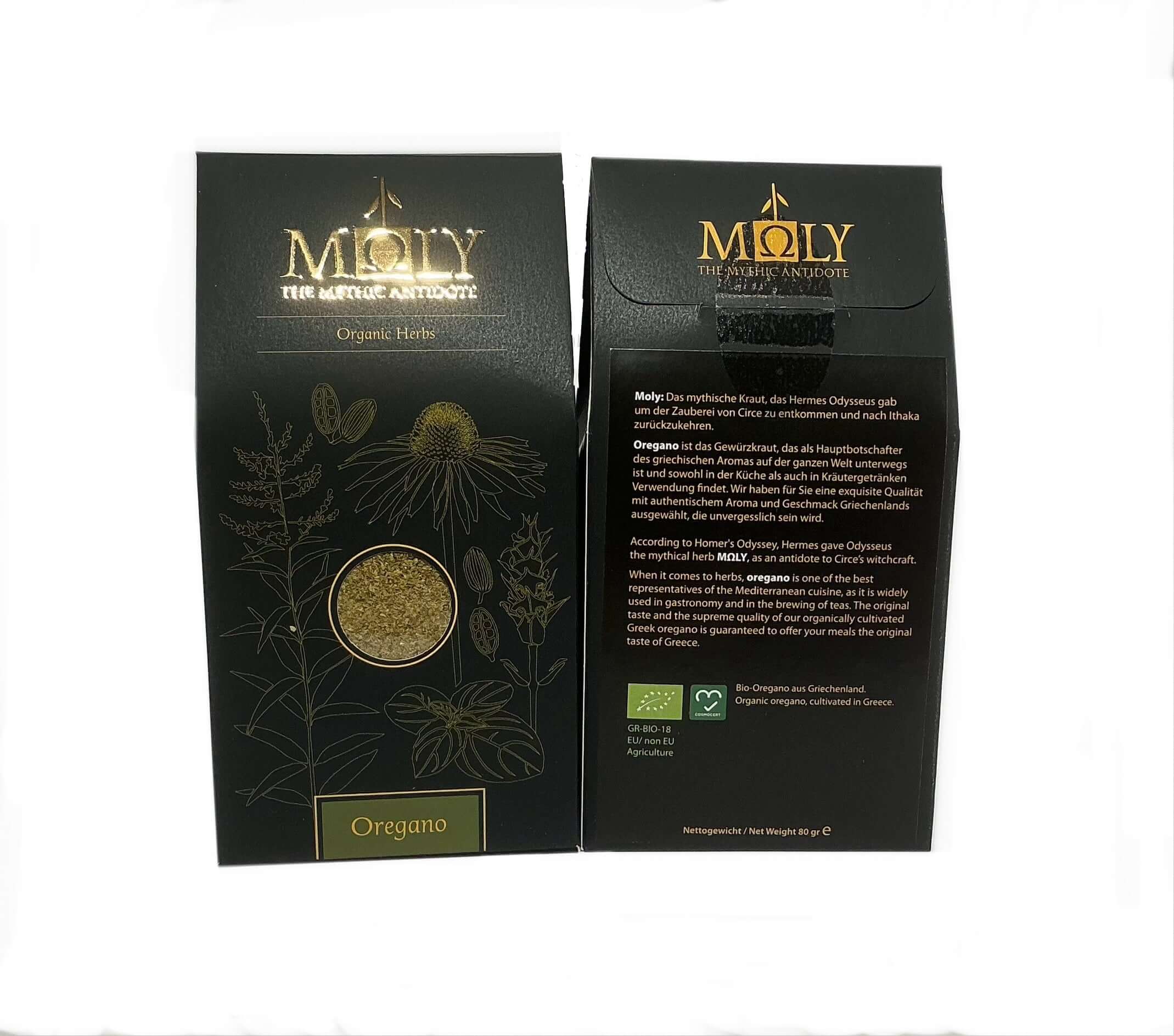 Zwei schwarze Verpackungen mit goldener  Schrift sowie aufgedruckten Pflanzen. Ein Sichtfenster ist vorhanden und man erkennt Oregano BIO -Kräuter. 
