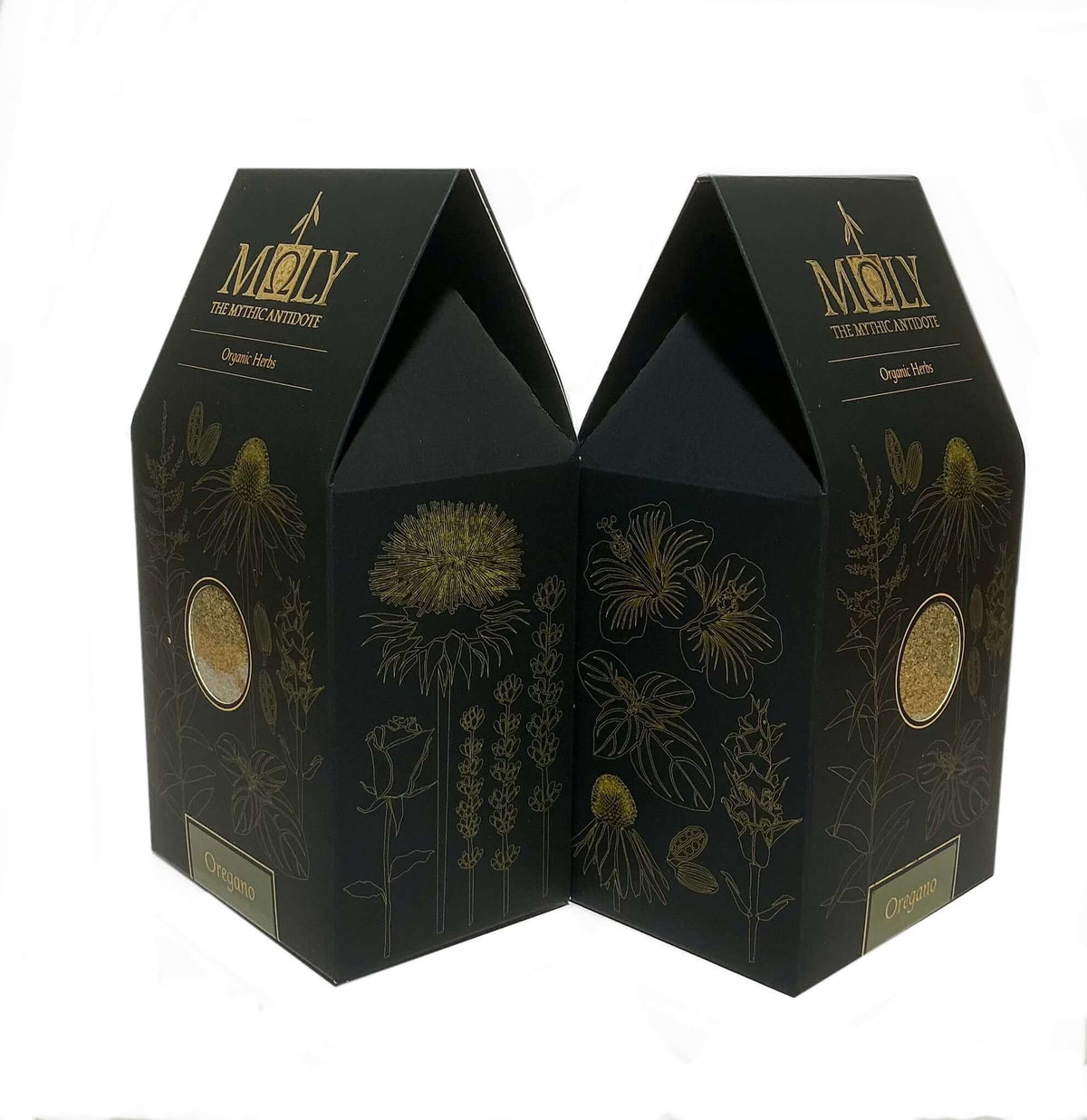 Zwei schwarze Verpackungen mit goldener Schrift sowie aufgedruckten Pflanzen. Ein Sichtfenster ist vorhanden und man erkennt Oregano BIO-Kräuter. 