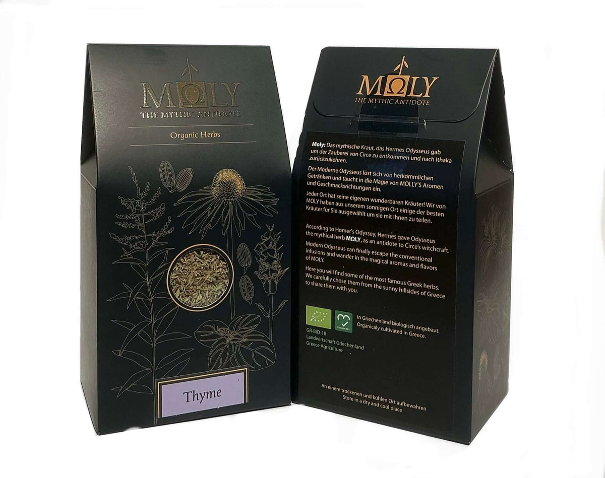 Zwei schwarze Verpackungen mit goldener Schrift mit Thymian. 