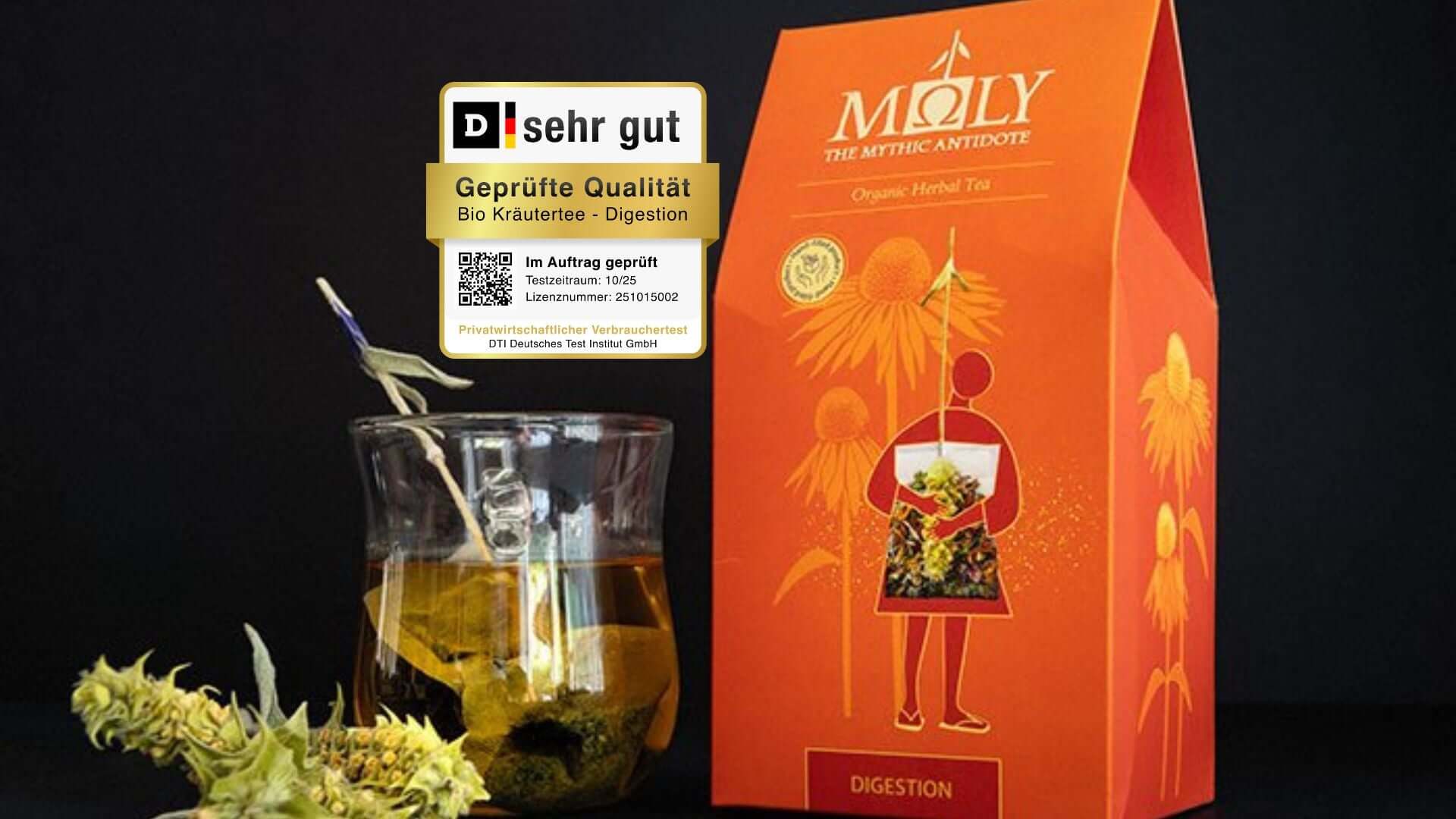 MOLY Digestion mit Teetasse und Testsiegel