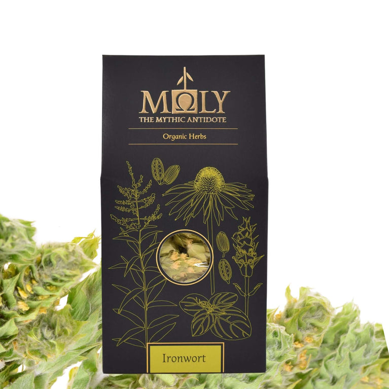 Eine schwarze Verpackung von MOLY mit naturreinem griechischen Bergtee (Sideritis scardica).