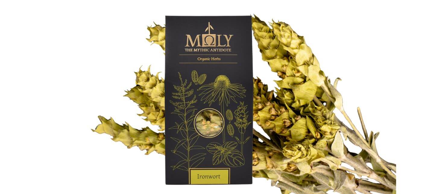 Eine schwarze Verpackung von MOLY mit naturreinem griechischen Bergtee (Sideritis scardica).
