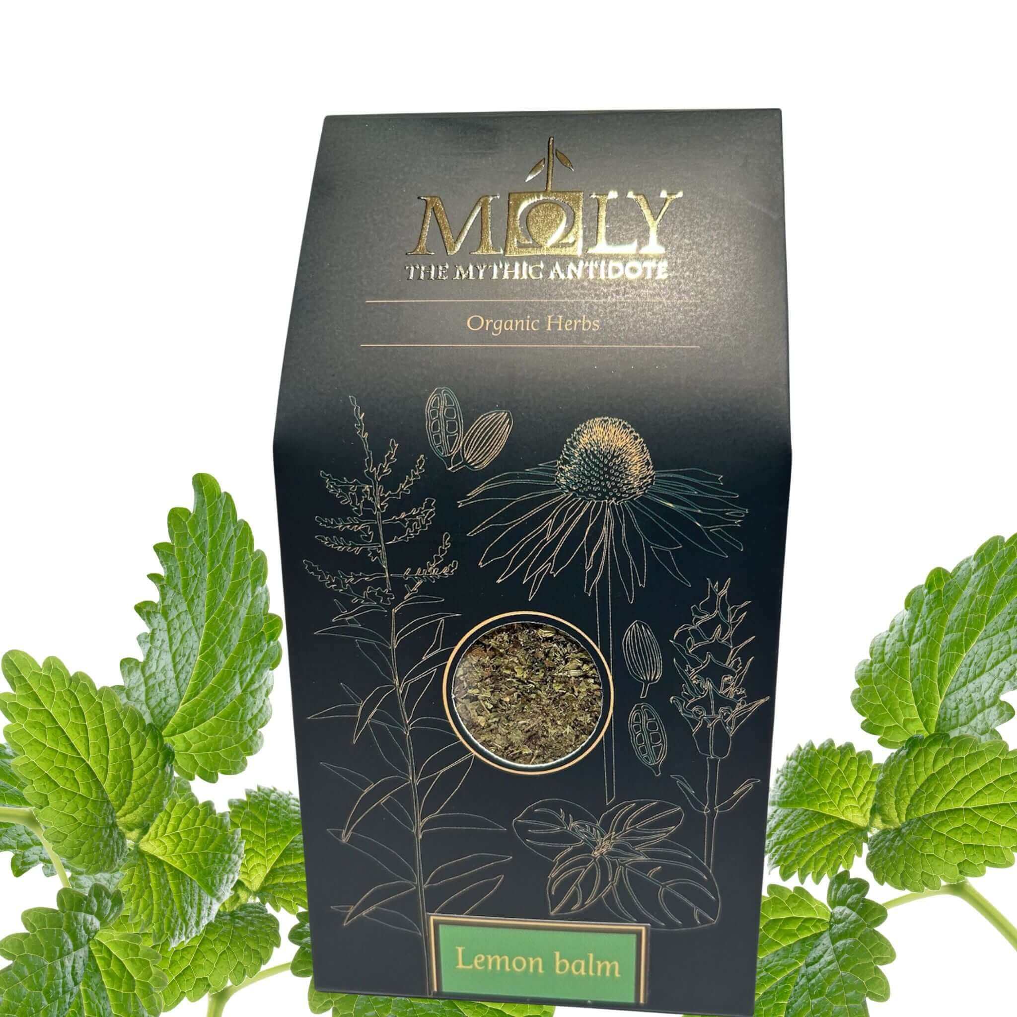 Eine schwarze Moly Verpackung mit Zitronenmelisse Bio auf weißem Hintergrund mit Melissenblätter.