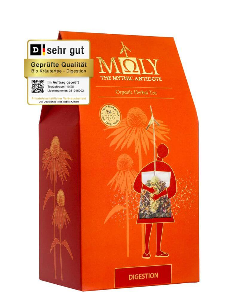 Die äußere Verpackung mit dem Testsiegel vom DTI für den Bio Kräutertee "Digestion" von Moly.