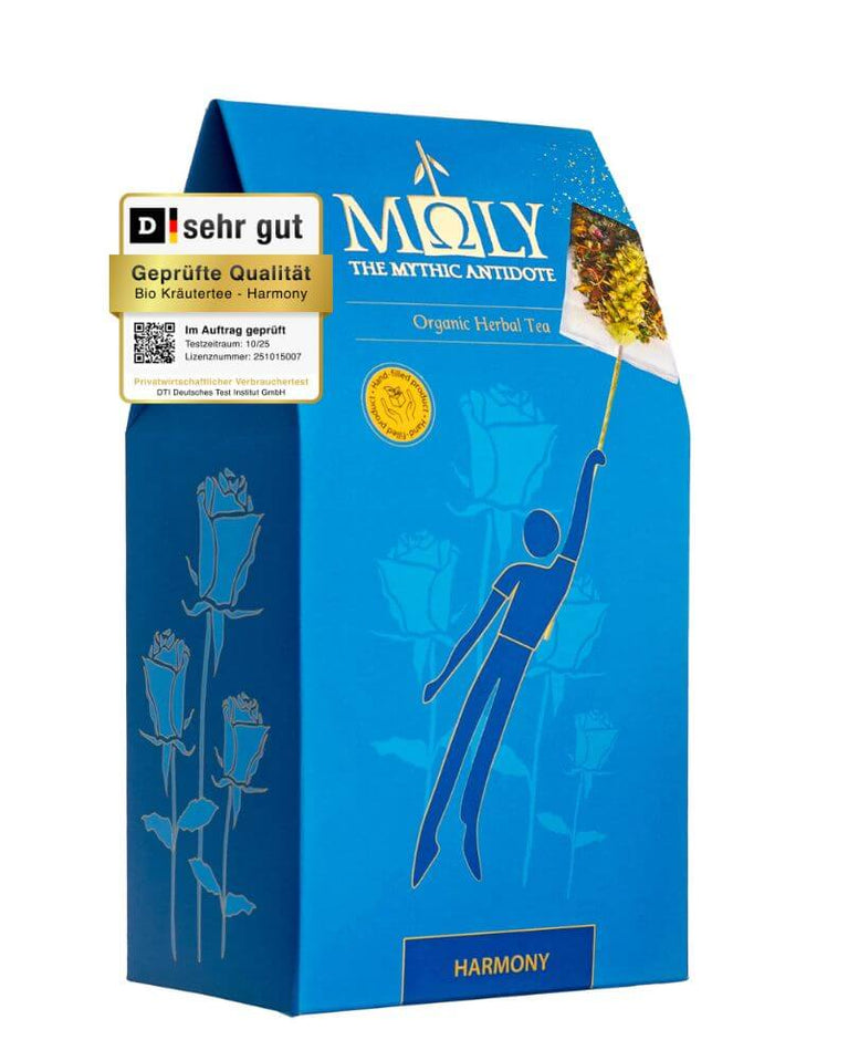 Die äußere Verpackung mit dem Testsiegel vom DTI für den Bio Kräutertee "Harmony" von Moly.