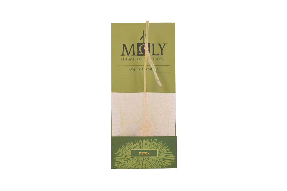 Eine olivrgrüne Einzelverpackung des Moly DETOX mit dem Teebeutel und dem Stengel der Sideritis scardia.