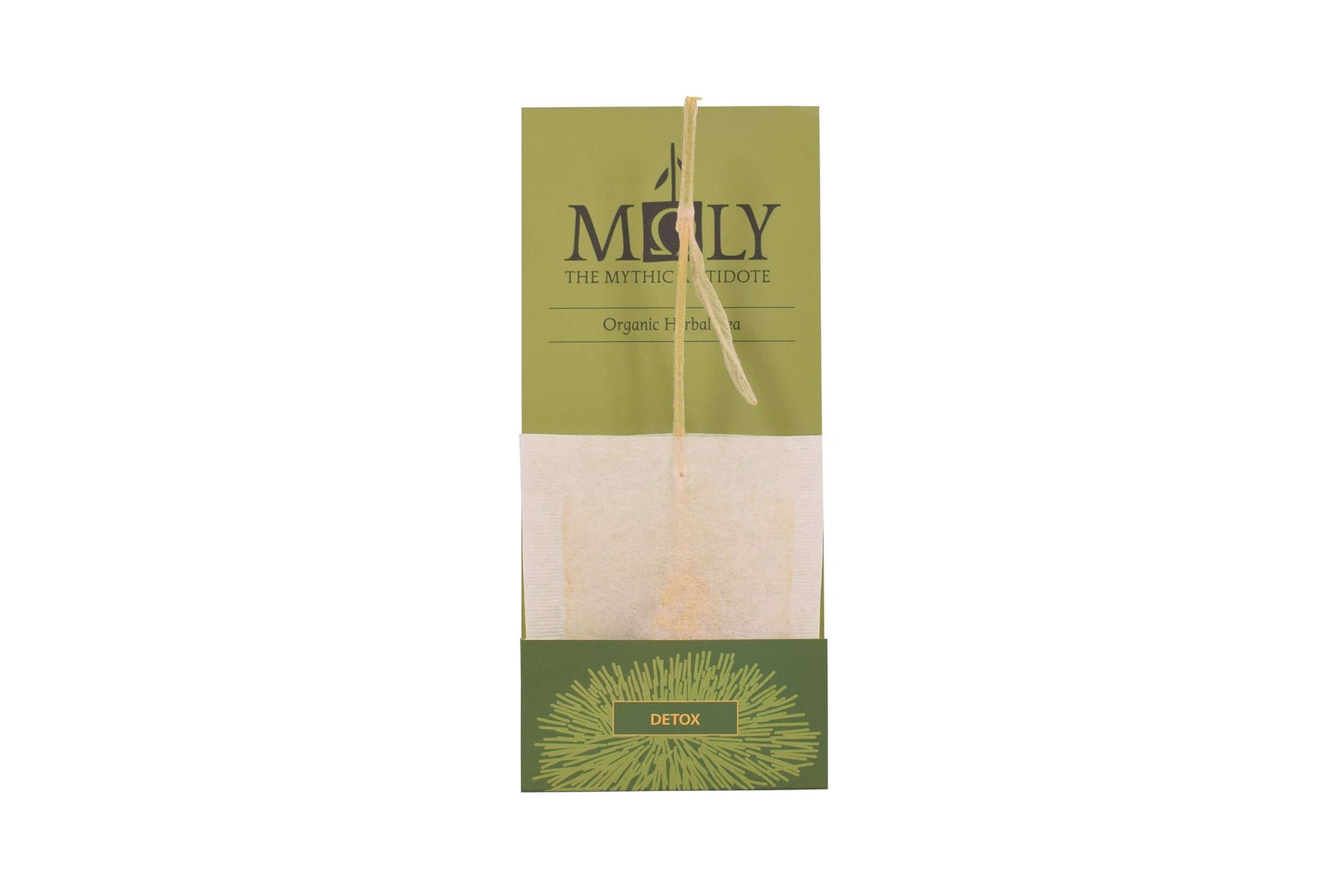 Eine olivrgrüne Einzelverpackung des Moly DETOX mit dem Teebeutel und dem Stengel der Sideritis scardia.
