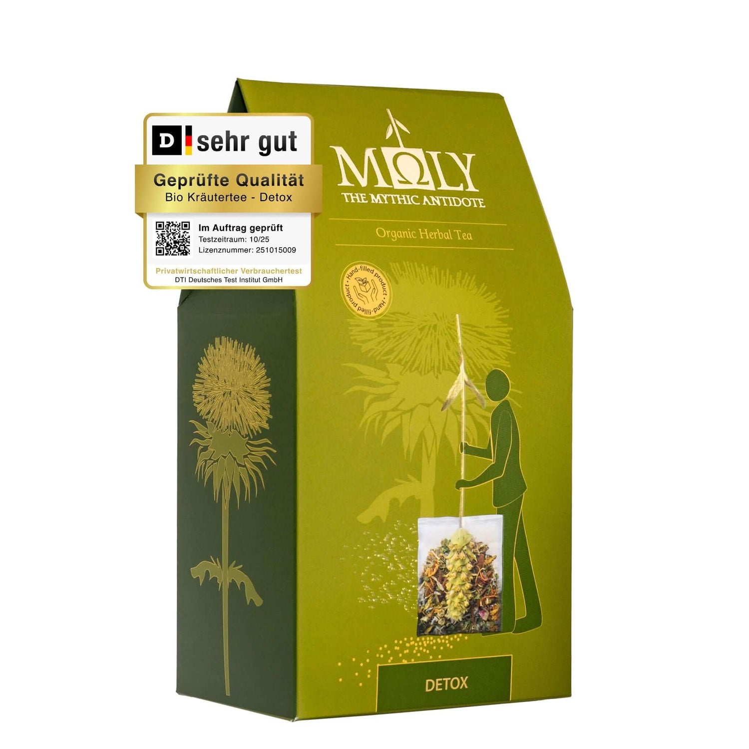 Eine olivgrüne Verpackung mit Moly DETOX. Zentral ist Bild aufgedruckt, welches einen Teebeutel mit Inhalt zeigt aus dem der Stengel der Sideritis scardia (griechischer Bergtee) herausragt. 