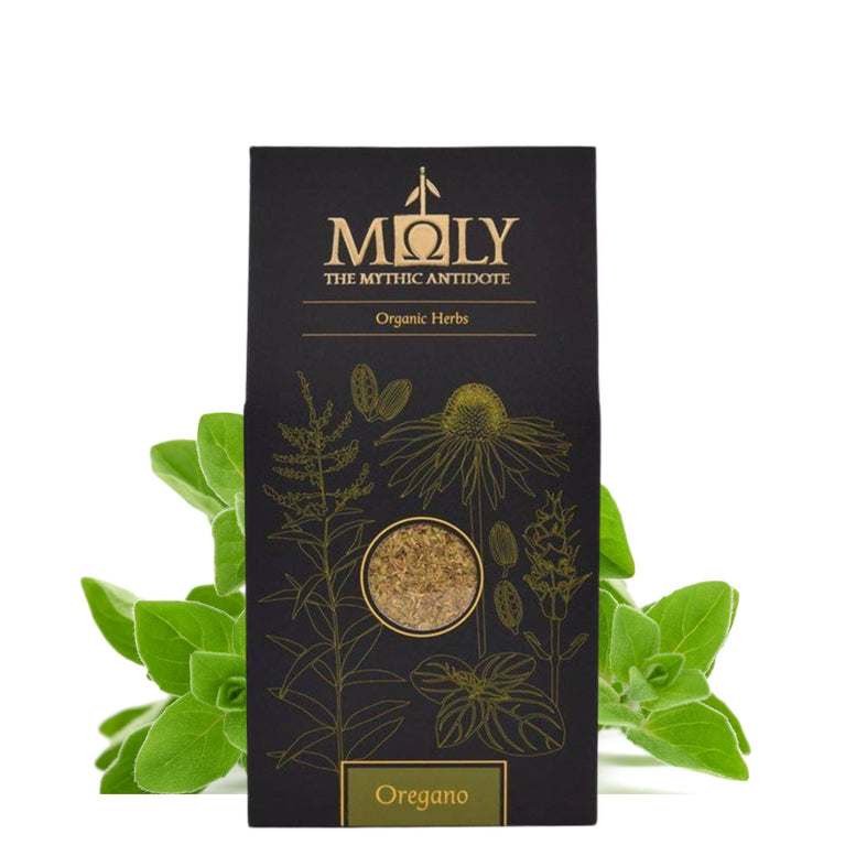 Eine schwarze Verpackung von MOLY mit naturreinem Oregano.