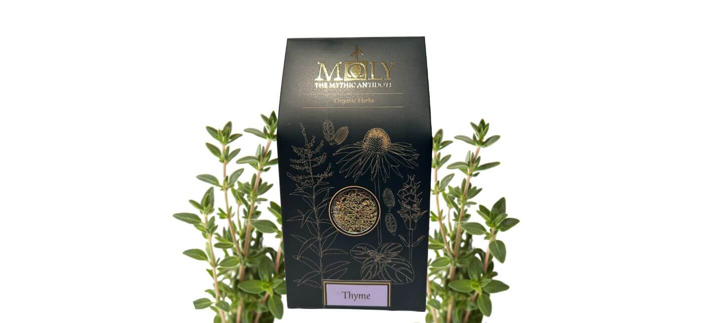 Eine schwarze Verpackung von MOLY mit naturreinem Thymian.