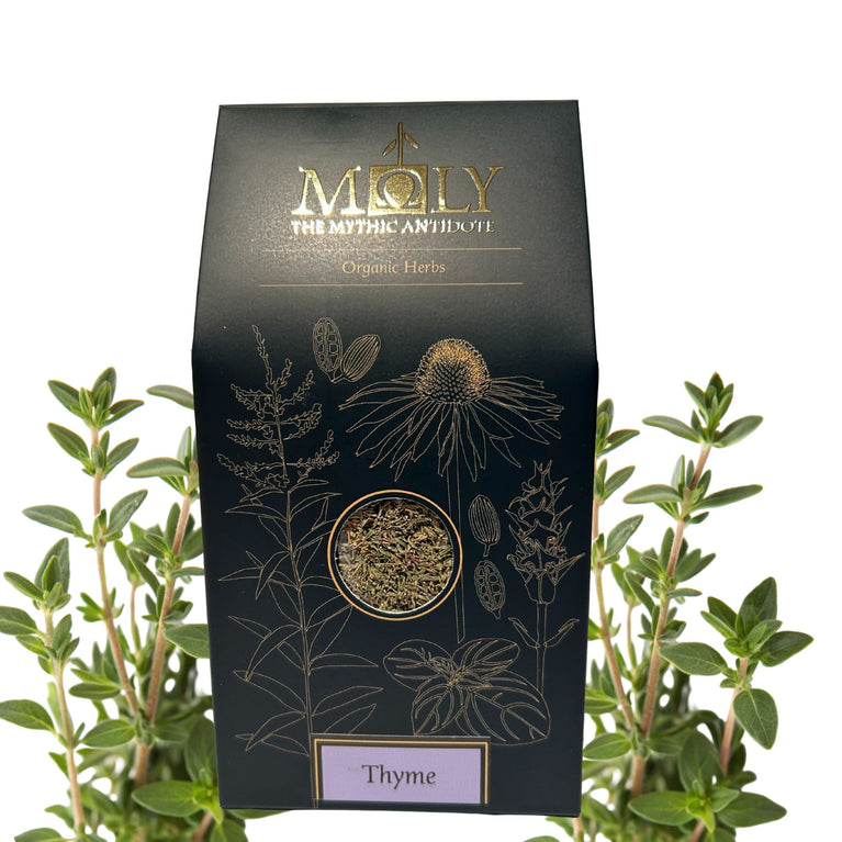 Eine schwarze Verpackung von MOLY mit naturreinem Thymian.